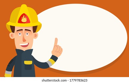 The firefighter points with index finger to important information. A poster with important fire prevention information, blank banner, text area. Vector illustration, flat design, cartoon style.