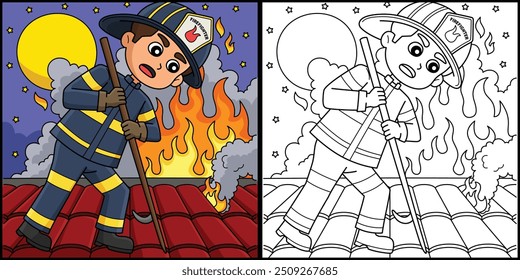 Firefighter Poking Roof Coloring Illustration