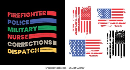 Bombeiro, polícia, militar, enfermeiro, Ems, correção, despacho. socorristas Camisa, Bandeira, Polícia, Bombeiro Despacho Militar Enfermeira Correções Ems American t-shirt, para faixa, cartaz vermelho.