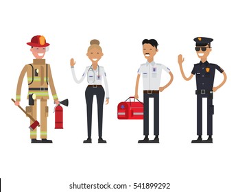 Firefighter, policeman and paramedic. Emergency service. Flat
