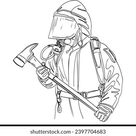 Firefighter Portrait with Ax Cartoon Illustration, Flat Cartoon Character: One Continuous Line Drawing of a Rescuer Firefighter, Cartoon Illustration of Firefighter in Continuous Line