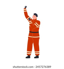 firefighter pose, element of orange clothes while working profession