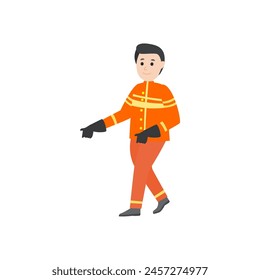 firefighter pose, orange clothing element adult