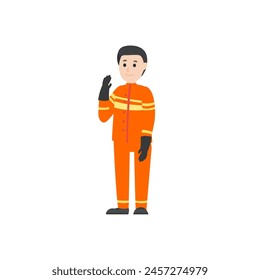 firefighter pose, orange clothing element adult