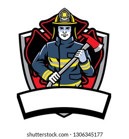 firefighter posing hold the axe badge