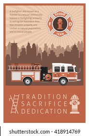 Firefighter poster in retro style printed in brown with title or slogan tradition sacrifice dedication vector illustration