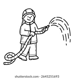 Bombeiro derramando água de uma mangueira. Vetor de rabiscar desenhado à mão. Caráter de desenho animado de uma profissão perigosa. Bombeiro. Homem de uniforme de proteção. Serviço de resgate de emergência. Ilustração de arte de linhas.