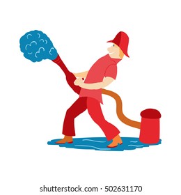 Firefighter pours water from a hydrant in a cartoon style isolated on white background