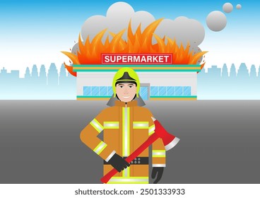 Firefighter Preparing to Fight with Fire Flame in Burning House or Burning Building. Vector Illustration.