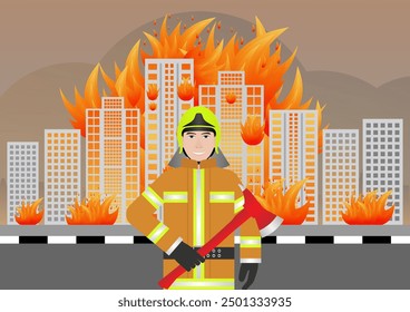 Firefighter Preparing to Fight with Fire Flame in Burning House or Burning Building. Vector Illustration.