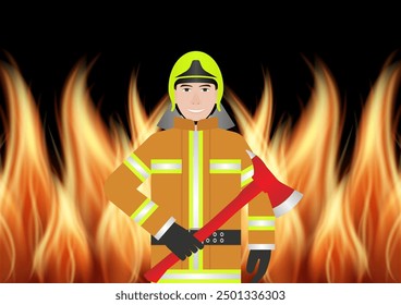 Firefighter Preparing to Fight with Fire Flame. Vector Illustration.