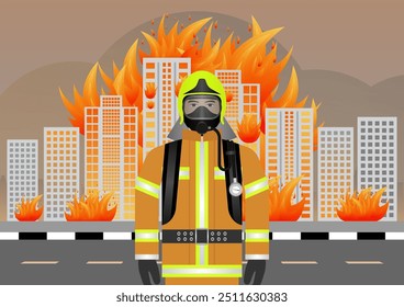 Firefighter Preparing to Fight with Fire Flame in Burning House or Burning Building. Vector Illustration.
