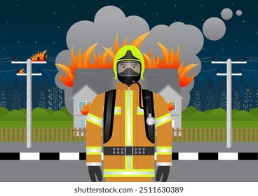 Firefighter Preparing to Fight with Fire Flame in Burning House or Burning Building. Vector Illustration.