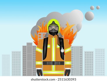 Firefighter Preparing to Fight with Fire Flame in Burning House or Burning Building. Vector Illustration.