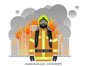 Bomberos preparándose para luchar con fuego en casa en llamas o edificio en llamas. Ilustración vectorial.