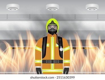 Firefighter Preparing to Fight with Fire Flame in Burning House or Burning Building. Vector Illustration.