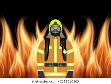 Firefighter Preparing to Fight with Fire Flame. Vector Illustration.