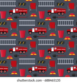 Firefighter Profession Equipment and Tools Background Pattern on Gray. Flat Design Style. Vector illustration