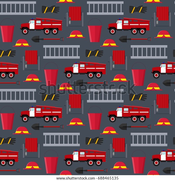 Firefighter Profession\
Equipment and Tools Background Pattern on Gray. Flat Design Style.\
Vector\
illustration