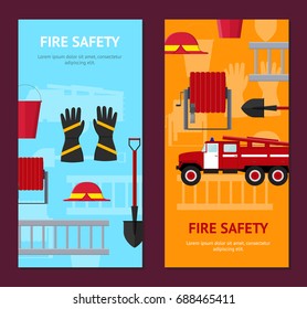 Firefighter Profession Equipment and Tools Banner Vecrtical Set. Flat Design Style. Vector illustration