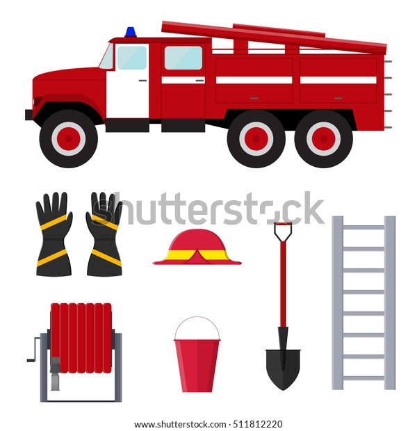 Firefighter Profession Equipment and Tools.\
Flat Design Style. Vector illustration of fire truck and close up\
equipments for volunteer. Fireman shovel, helmet, buzzer, hose,\
instruments