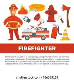 Firefighter profession and fire secure protection vector psoter flat design template