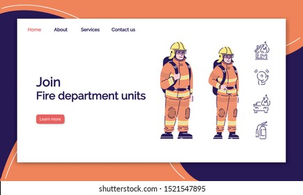 Firefighter profession landing page vector template. Rescuer team website interface idea with flat illustrations. Firefighting department homepage layout. Web banner, webpage cartoon concept