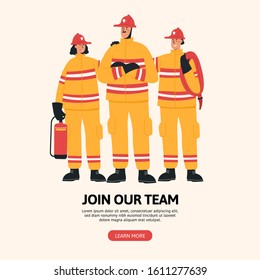 Firefighter profession landing page vector template. Rescuer team website interface idea with flat illustrations. Firefighting department homepage layout. Web banner, webpage cartoon concept