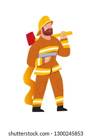 Firefighter. Professional rescuer,  hands-on work profession. Character illustration isolated on white background. Beard man in  uniform with fire engine and axe. Vector illustration in a flat style.