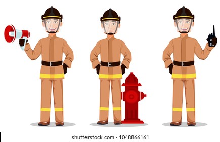 Firefighter in professional uniform and safe helmet, set. Fireman cartoon character holds loudspeaker, stands near hydrant and holds portable radio. Vector illustration on white background. 