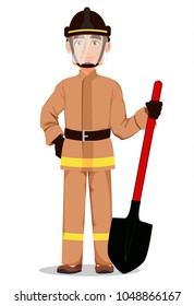 Firefighter in professional uniform and safe helmet. Fireman cartoon character holds shovel. Vector illustration on white background. 