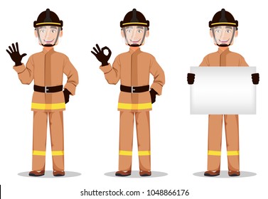 Firefighter in professional uniform and safe helmet, set. Fireman cartoon character waves hand, shows ok sign and holds blank placard. Vector illustration on white background. 