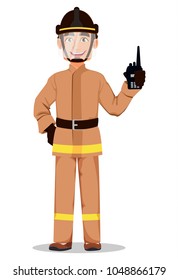 Firefighter in professional uniform and safe helmet. Fireman cartoon character holds portable radio set. Vector illustration on white background. 