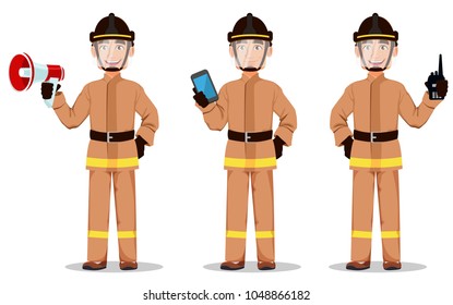 Firefighter in professional uniform and safe helmet, set. Fireman cartoon character holds loudspeaker, holds smartphone and holds portable radio. Vector illustration on white background. 
