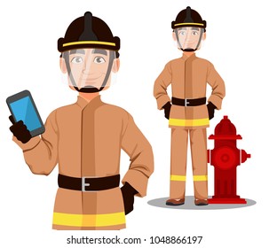 Firefighter in professional uniform and safe helmet. Fireman cartoon character stands near hydrant and holds smartphone. Vector illustration on white background. 