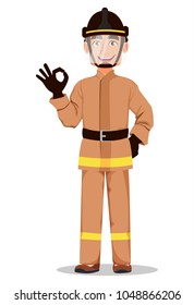 Firefighter in professional uniform and safe helmet. Fireman cartoon character shows ok sign. Vector illustration on white background. 
