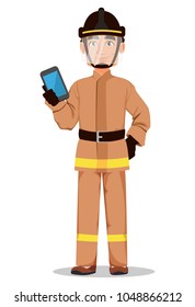 Firefighter in professional uniform and safe helmet. Fireman cartoon character holds smartphone. Vector illustration on white background. 