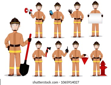 Firefighter in professional uniform and safe helmet, set. Fireman cartoon character. Vector illustration on white background.