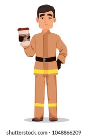 Firefighter in professional uniform. Tired fireman cartoon character holds coffee. Vector illustration on white background. 