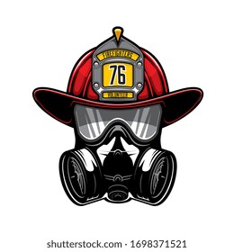 Firefighter protective helmet and gas respirator isolated vector heraldic icon. Firefighting equipment, mask with glasses and air filters. Defense and protection against poisoning by fumes and smoke