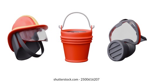 Firefighter protective helmet, red metal bucket with water, respirator