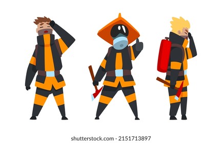 Firefighter in Protective Outfit and Red Hatchet Extinguishing Fire Vector Set