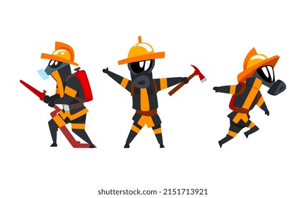 Firefighter in Protective Outfit and Water Hose Extinguishing Fire Vector Set