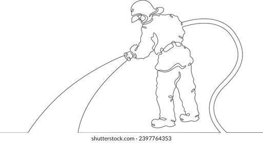 Firefighter in protective uniform. Male rescuer character. Fire officer. One continuous line drawing. Linear. Hand drawn, white background. One line.