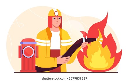 Firefighter puts out fire. Man in protective uniform with fire hose extinguishes fire with water. Safety and security, protection. Dangerous occupation. Flat vector illustration