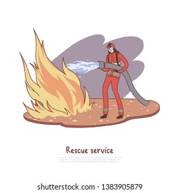 Firefighter puts out fire with water, brave fireman in uniform holding hose, dangerous profession, rescue service banner