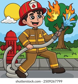 Firefighter Putting Out a Fire Colored Cartoon 