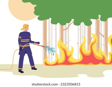 Bombero apagando el fuego en el bosque usando mangueras de agua. Hombre de uniforme con equipo de extinción de incendios, ardiendo árboles de ilustración vectorial. Naturaleza, verano, peligro, concepto de ecología