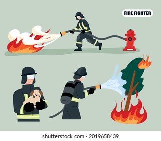 Bombero apagando un fuego con una manguera conectada a un hidrante. Los bomberos rescataron al perro. estilo de diseño plano ilustración vectorial mínima.