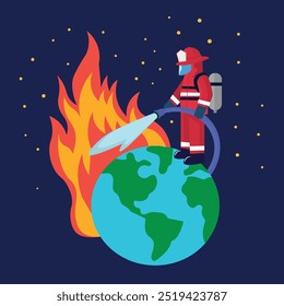 Firefighter putting out the fire on the planet, illustration